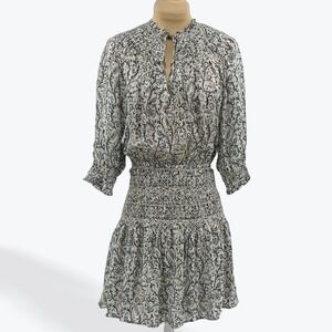 Frye Cream Chelsea Mini Dress Women's Small‎ Floral Smocked V Neck 3/4 Sleeve